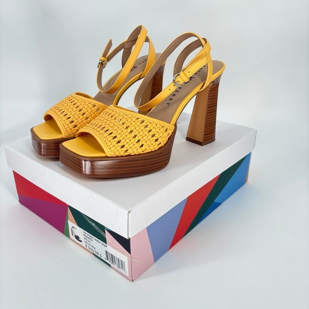 Katy Perry Platform Heels Woven Steady Ankle Strap Block Heel Sandals Yellow 8.5 - Picture 2 of 12